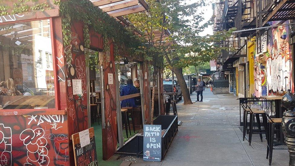 streetside dining structure outside restaurant in East Village