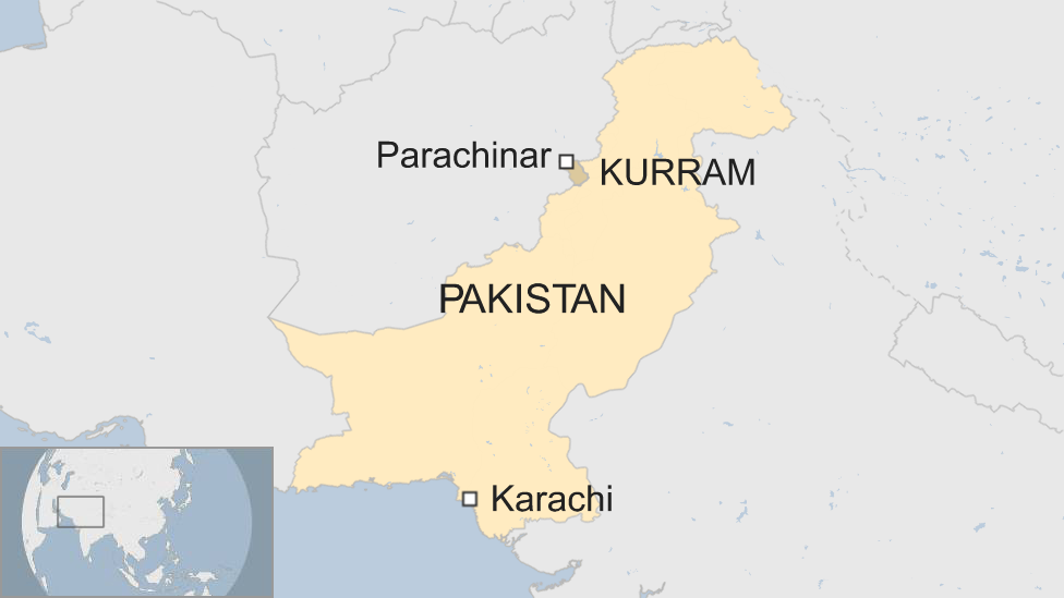 A map of Pakistan, showing Parachinar and the Kurram region in the north, and Karachi in the south