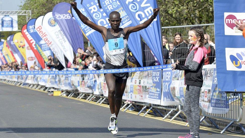 Berard Rotich crosses the finish line of the Belfast City Marathon, 1st May 2017