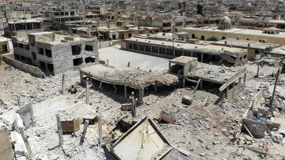 Destroyed buildings in Khan Sheikhoun, Idlib province. Photo: 3 August 2019