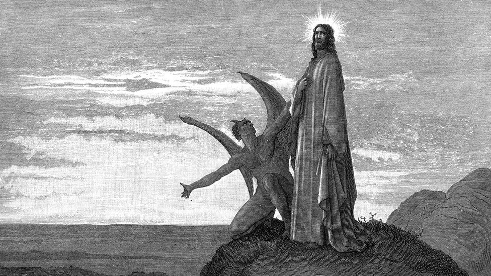 Jesus in the desert being tempted by Satan