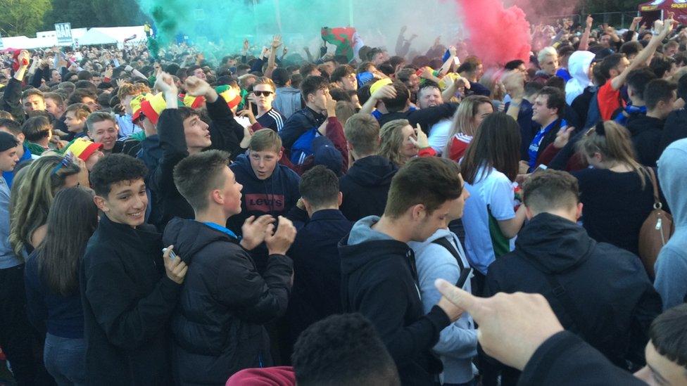 Wales fans in Cardiff celebrate their team's early lead