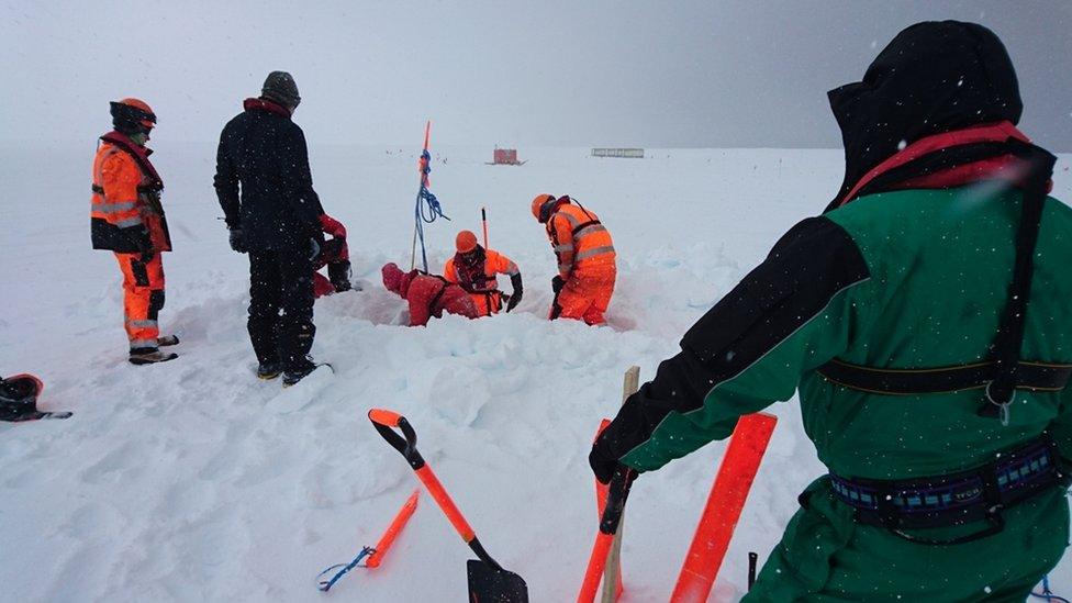 A group of men in bright orange clothes digging into the snow.