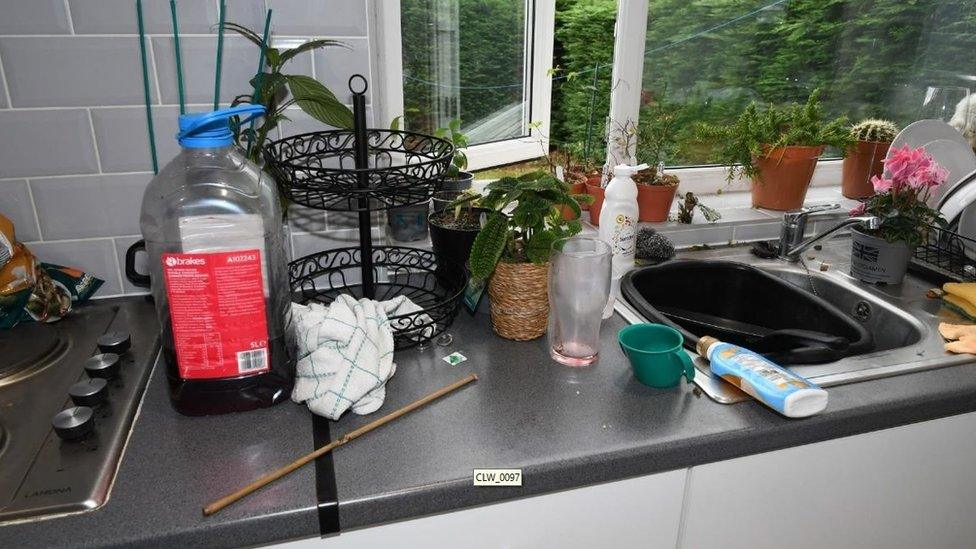 A bamboo cane on a kitchen worktop surrounded by glasses and drinks bottles