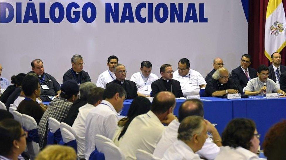 General view of "national dialogue" talks among government's representatives, Nicaragua's Roman Catholic bishops and the opposition as an attempt to stifle anti-government riots, in Managua on June 15, 2018.