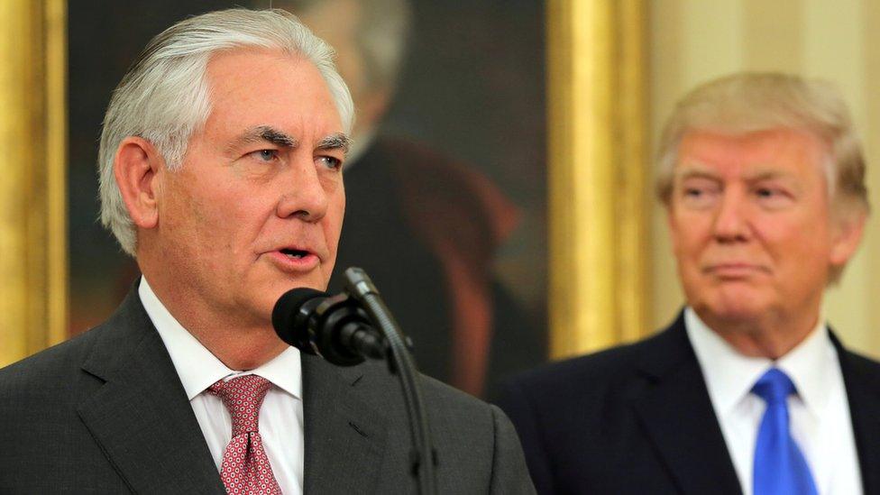 US Secretary of State Rex Tillerson speaks after his swearing-in ceremony at the Oval Office, accompanied by President Donald Trump, 21 March 2017