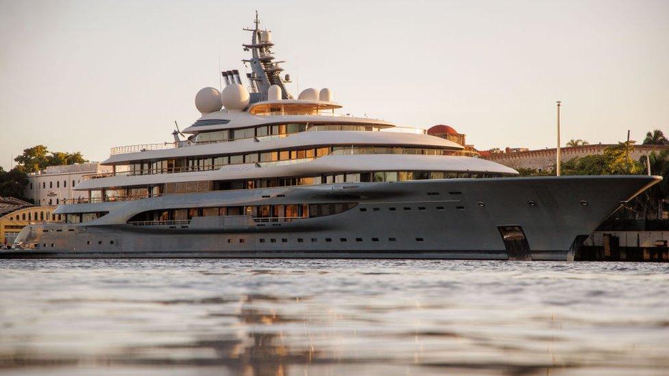 The Flying Fox superyacht is seen docked at Don Diego Port on April 7, 2022 in Santo Domingo, Dominican Republic