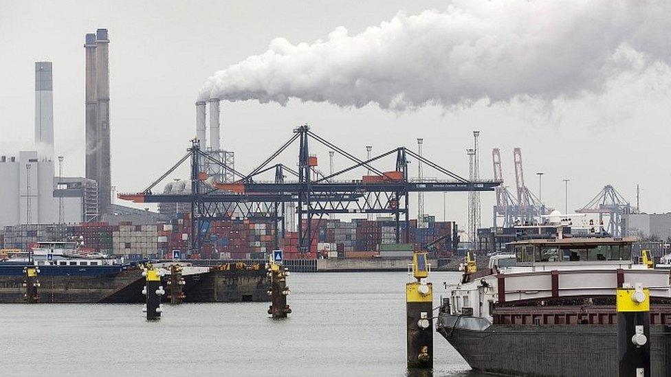 Ships outside the port of Rotterdam in the Netherlands