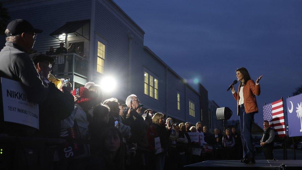 Republican presidential candidate former UN Ambassador Nikki Haley speaks during a campaign event on February 22, 2024 in Myrtle Beach, South Carolina.