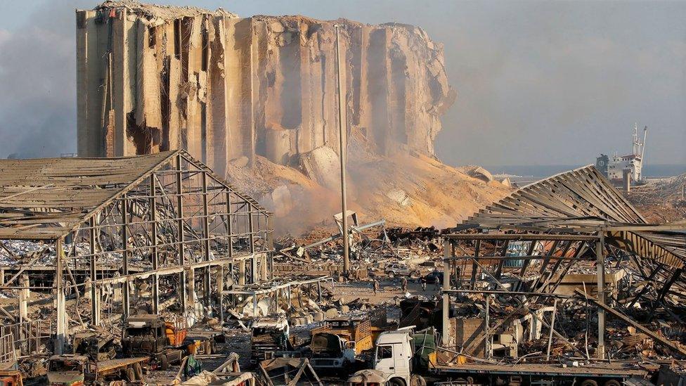 Remains of Beirut port's grain silos and ruined warehouses following an explosion on 4 August 2020