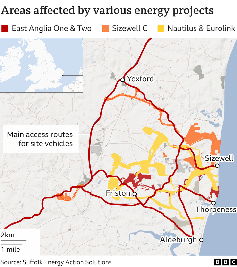 A graphic showing areas affected by various energy projects in Suffolk