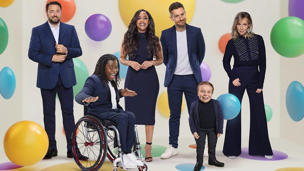 The CiN2023 team! From left to right, Jason Manford, Ade Adepitan, Alex Scott, Chris Ramsey, Lenny Rush and Mel Giedroyc will be performing hosting duties on the night.