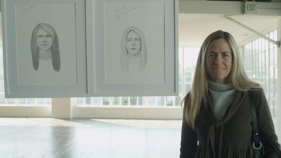 A woman next to two different drawings of herself in the Dove adverts.