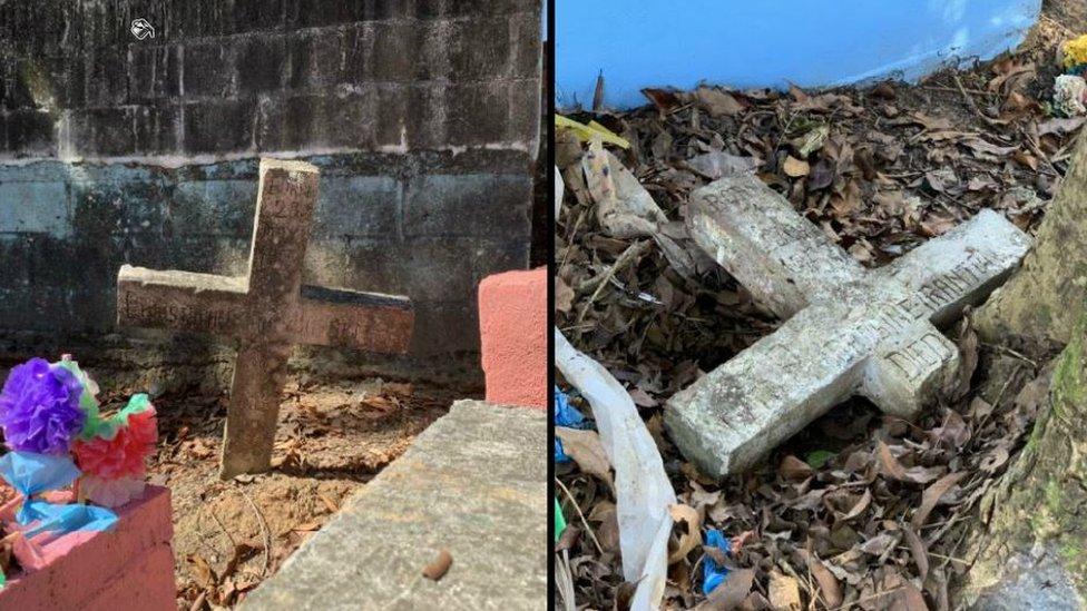 The cement crosses that Dan Maudsley and Penny Farmer found, marking the burial places of Chris Farmer (left) and Peta Frampton (right)