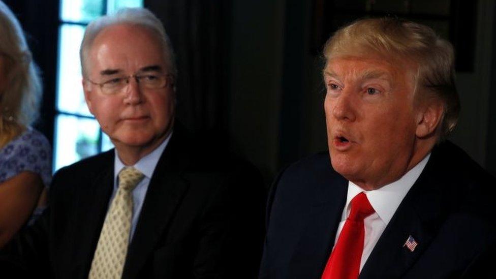 US President Donald Trump delivers remarks to reporters as he meets US Secretary of Health and Human Services Tom Price (L) in Bedminster, New Jersey.