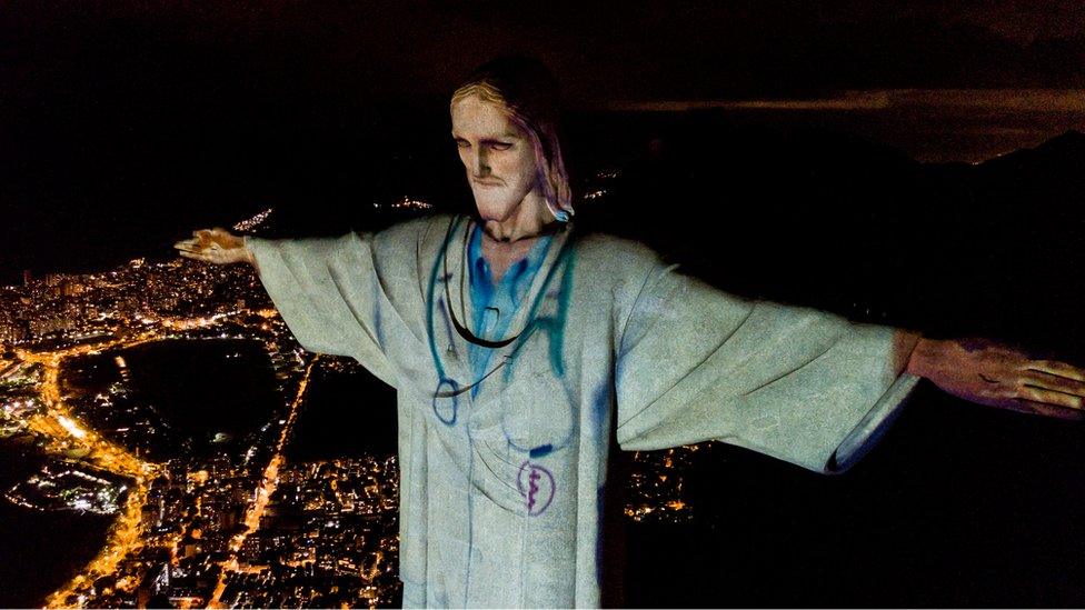 In Brazil the Christ the Redeemer statue was lit up to look like a doctor on Easter Sunday to honour health care workers on the front lines of the coronavirus.