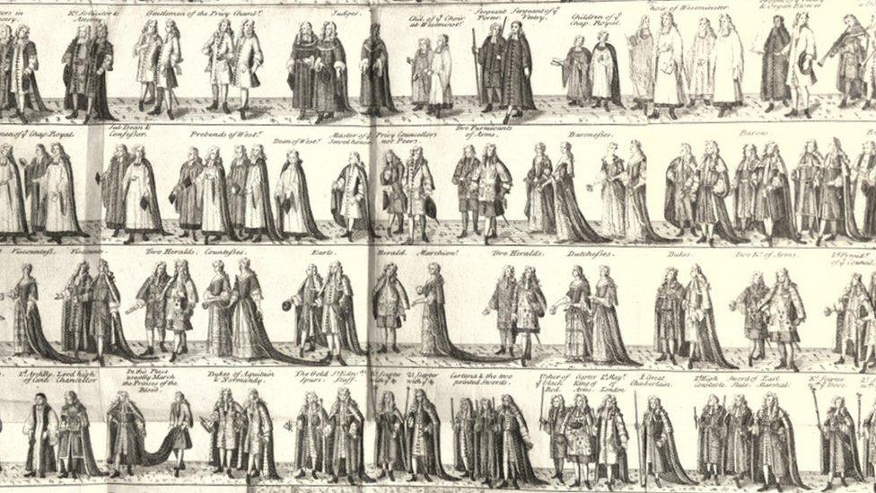 Procession of kings and queens with over 150 robed figures