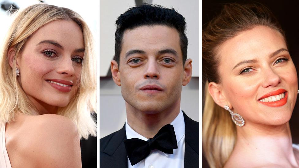 (Left to right) Margot Robbie, Rami Malek and Scarlett Johansson