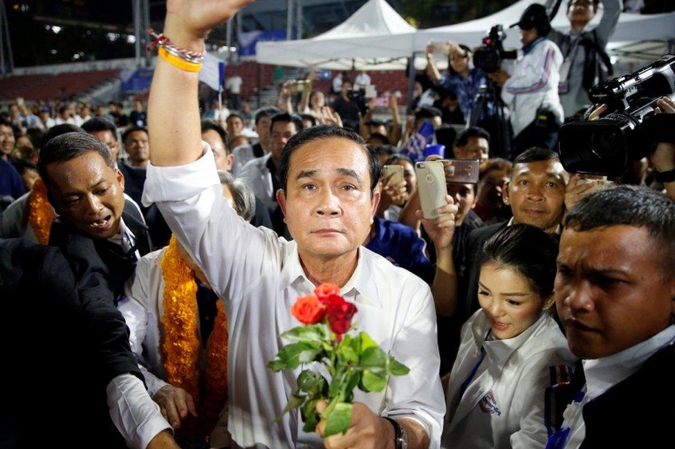 Thailand's Prime Minister Prayuth Chan-o-cha at a Palang Pracharath Party campaign rally in Bangkok on March 22, 2019