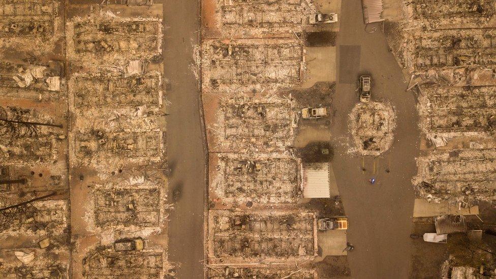 Aerial photo of burned-out neighbourhood in Paradise, California - 15 November 2018