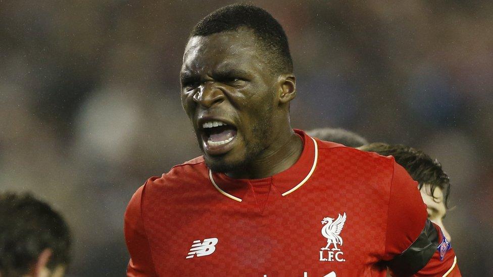 Liverpool forward Christian Benteke celebrates scoring against Bordeaux