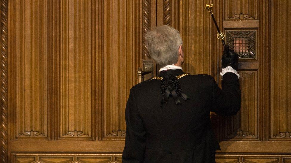 Black Rod, Lieutenant-General David Leakey, knocking on the door to the House of Commons