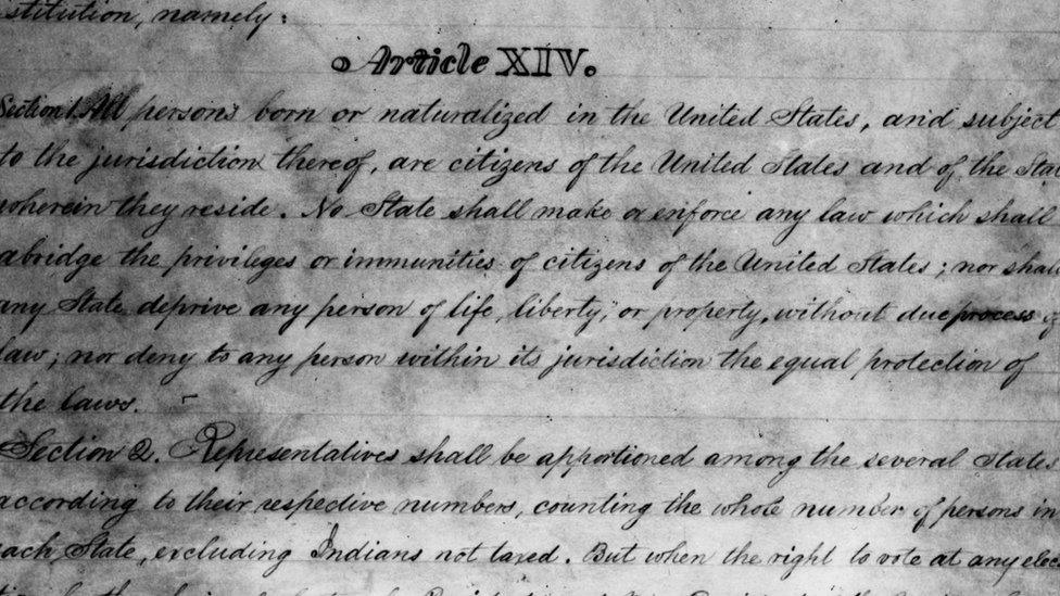 A draft of the 14th Amendment to the United States Constitution, outlining the rights and priveleges of American citizenship, ratified in 1868.