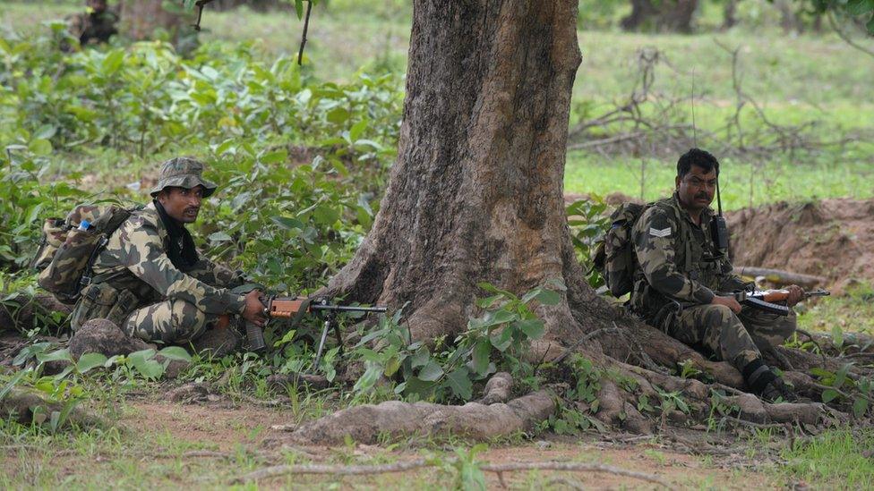 Central Reserve Police Force(CRPF) personnel mount a patrol outside the village of Kothaguda in Bijapur District on July 7, 2012,