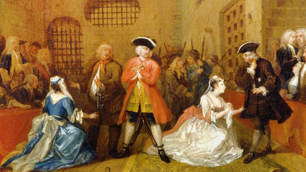 Polly Peachum (right) pleads with her father for the life of Macheath in the Beggar's Opera _ painting by William Hogarth