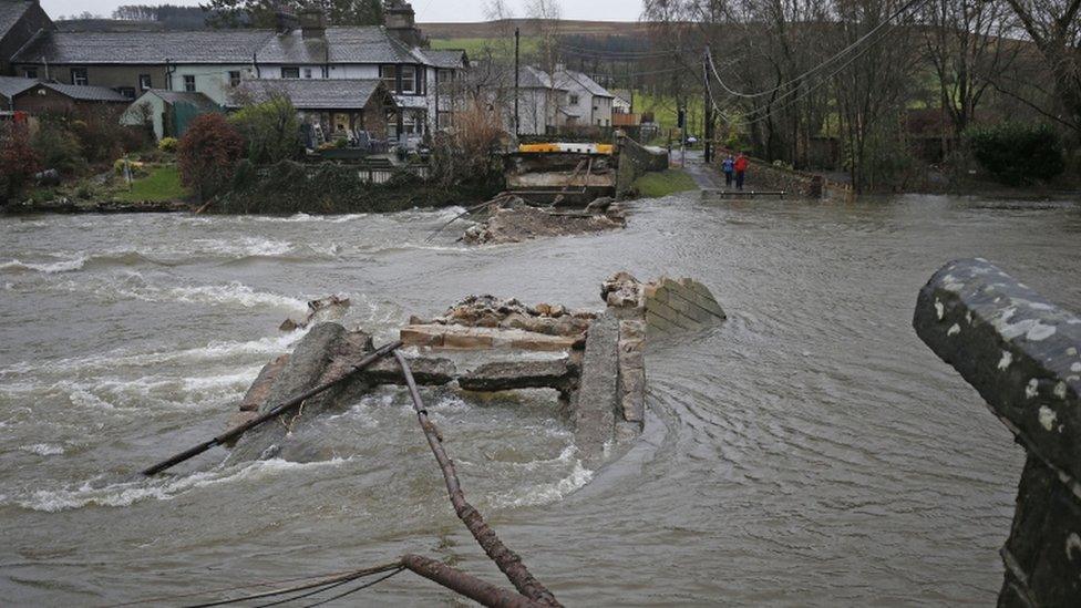 Pooley Bridge in Ullswater, Cumbria, which has been washed away by flood water