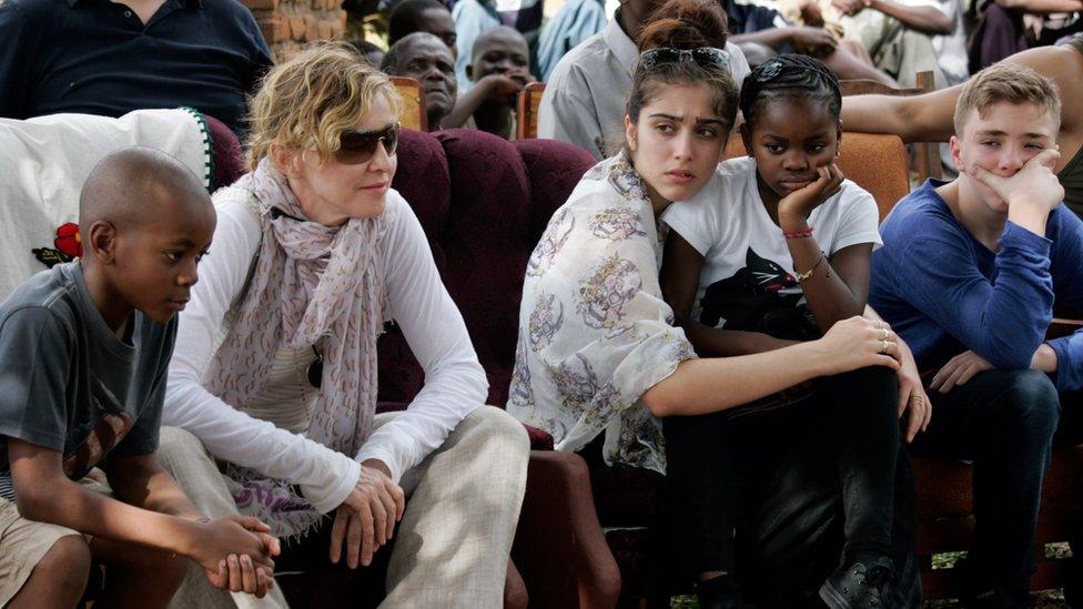 Madonna with her children (L-R): David, Lourdes, Mercy and Rocco visiting Malawi in 2013