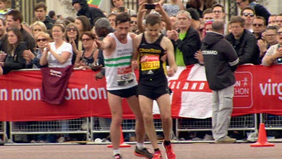 Matthew Rees helps David Wyeth in London Marathon 2017