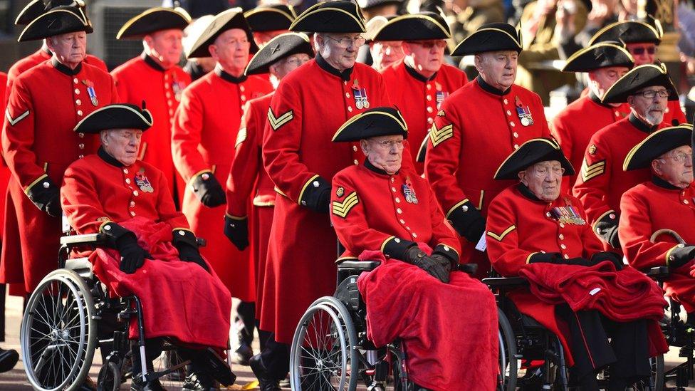 Chelsea Pensioners arriving at the Remembrance Sunday service at the Cenotaph