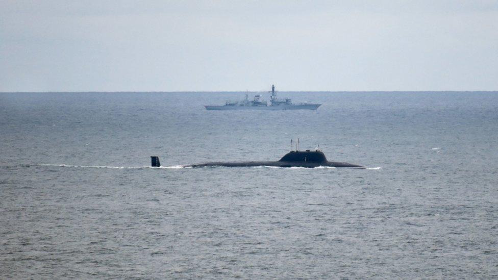 British submarine hunter HMS Portland tracking Russian cruise missile submarine Severodvinsk in the North Sea, north west of Bergen, Norway