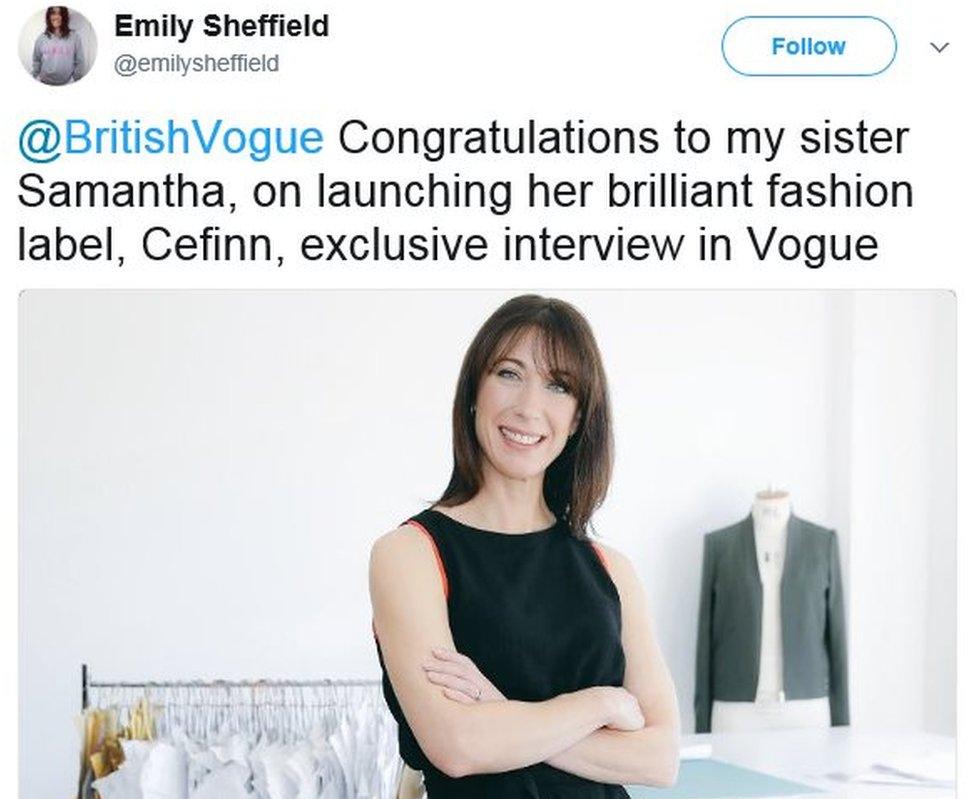 Emily Sheffield's tweet: Congratulations to my sister Samantha, on launching her brilliant fashion label, Cefinn, exclusive interview in Vogue