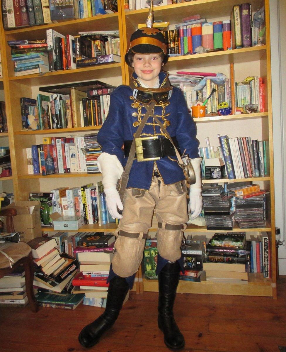 Raphael has dressed as Prince Aleksandar of Hohenberg from Scott Westerfeld's novel 'Leviathan'