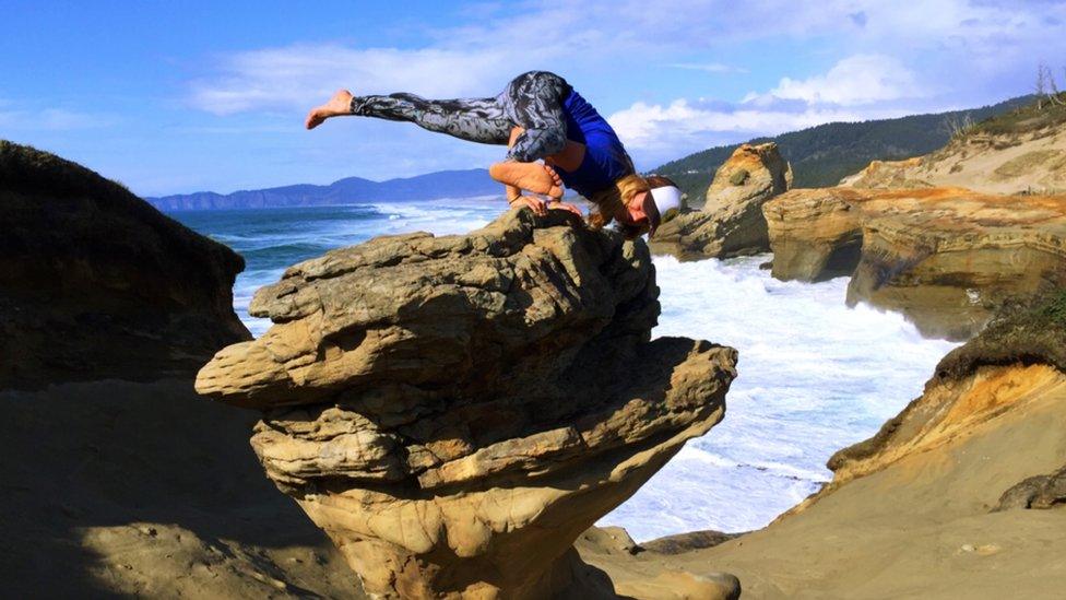 Lisa Johnson poses on duckbill rock