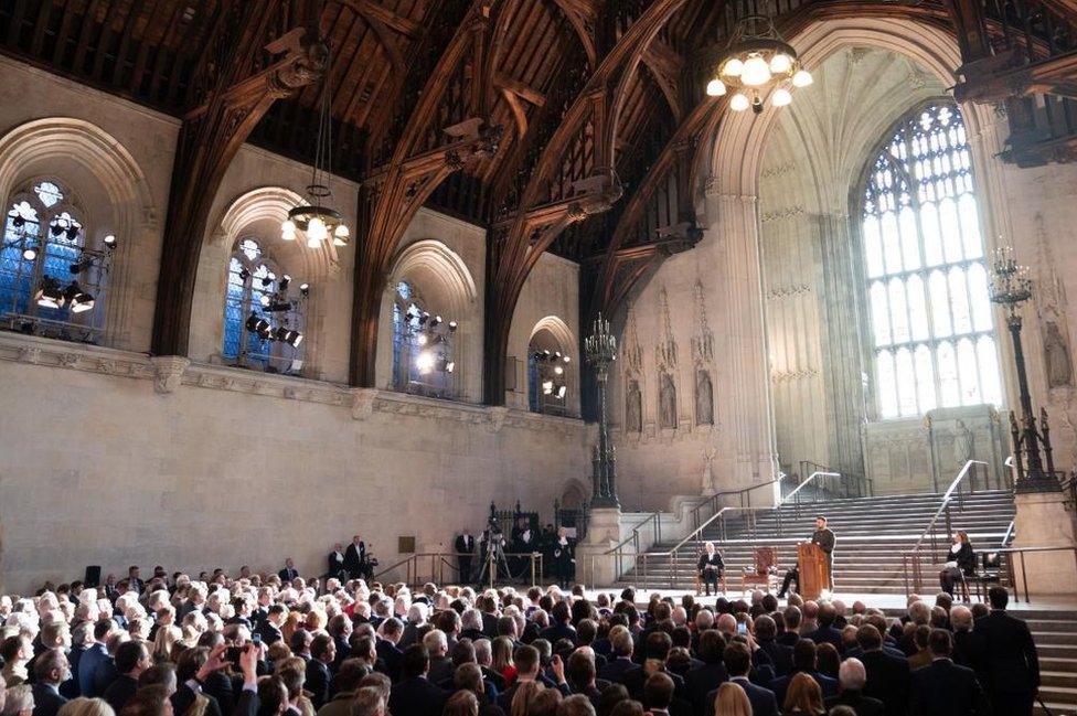 Ukrainian President Volodymyr Zelensky addresses parliamentarians in Westminster Hall.