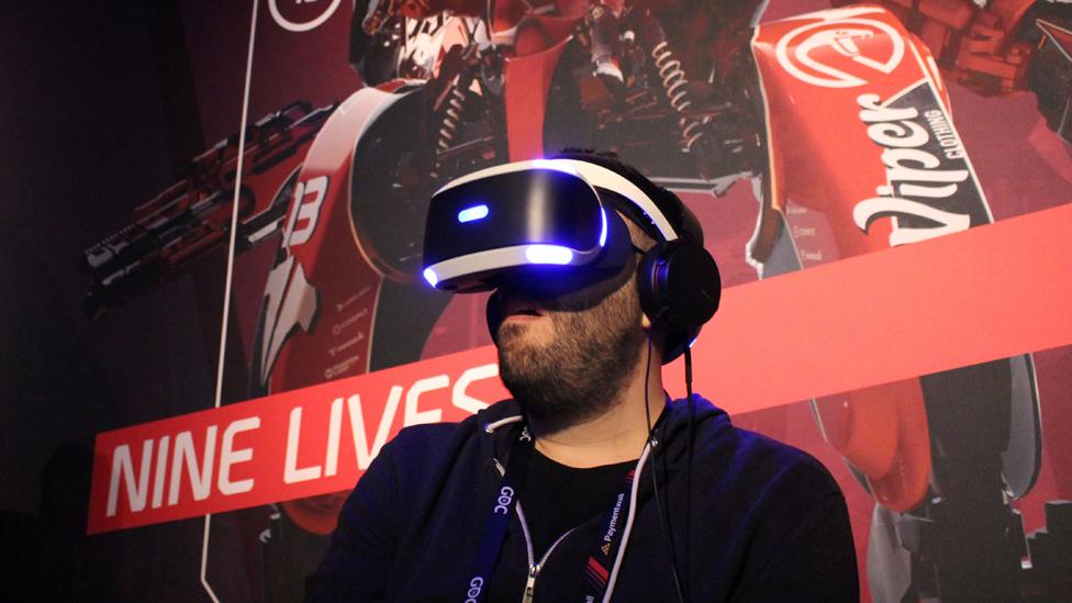 A man tries out a PlayStation VR video game at a Sony press event March 15, 2016 in San Francisco, California.