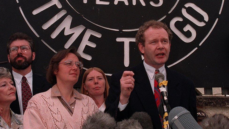 Martin McGuinness addresses the media outside Connolly House in west Belfast at the time of the IRA ceasefire in 1994