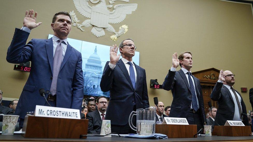 KC Crosthwaite, CEO of JUUL Labs, Ricardo Oberlander, President and CEO of Reynolds American Inc., Ryan Nivakoff, CEO of NJOY LLC, and Antoine Blonde, President of Fontem U.S., are sworn in during a House Committee on Energy and Commerce hearing concerning the health risks of vaping, in the Rayburn House Office Building on Capitol Hill, February 5, 2020