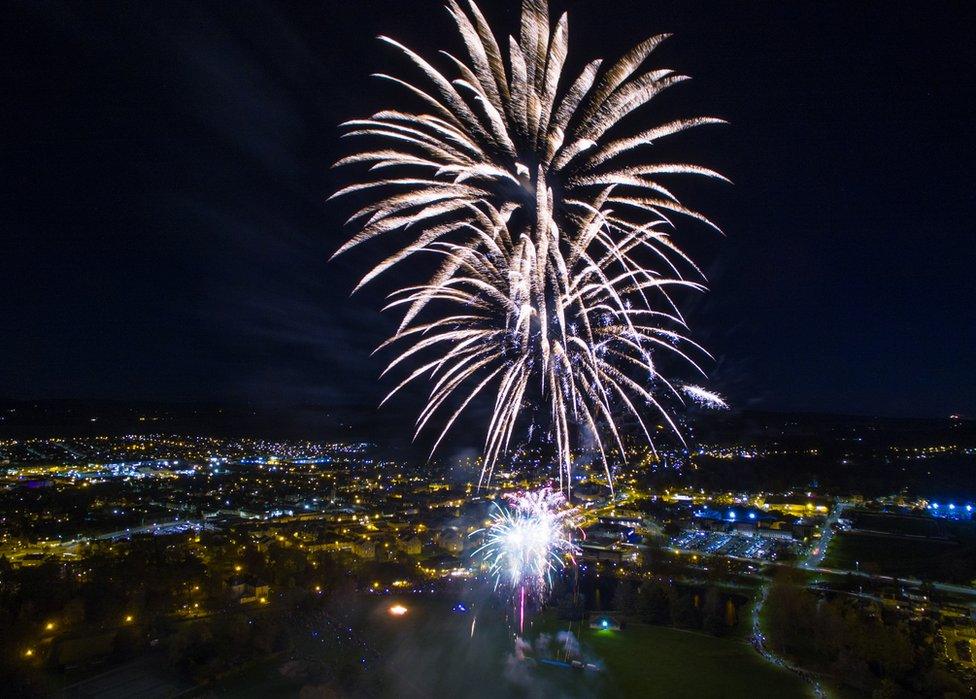 Aerial fireworks over Elgin.