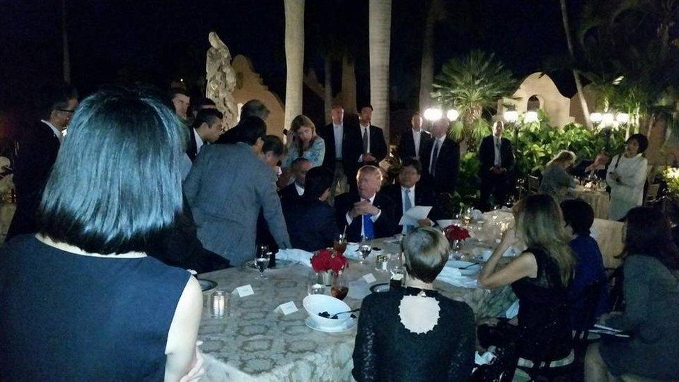 Trump and Abe dining outdoors at Mar a Lago