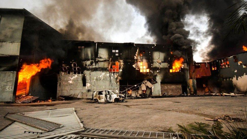 Burning factory in Sea Cow Lake area on July 12, 2021 in Durban, South Africa