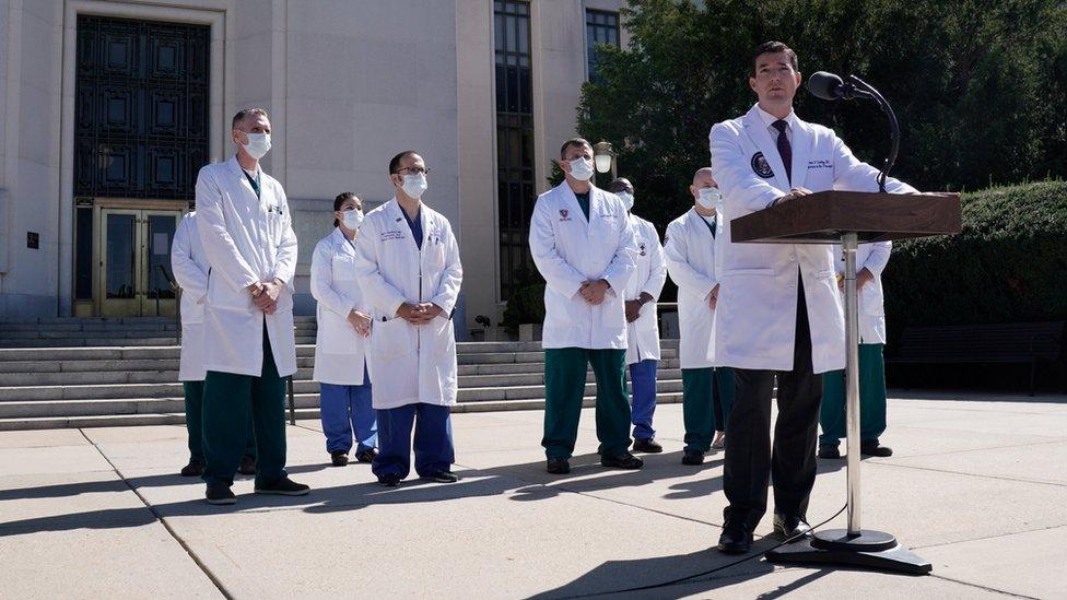 Dr. Sean Conley speaking to the media outside of the Walter Reed National Military Medical Center