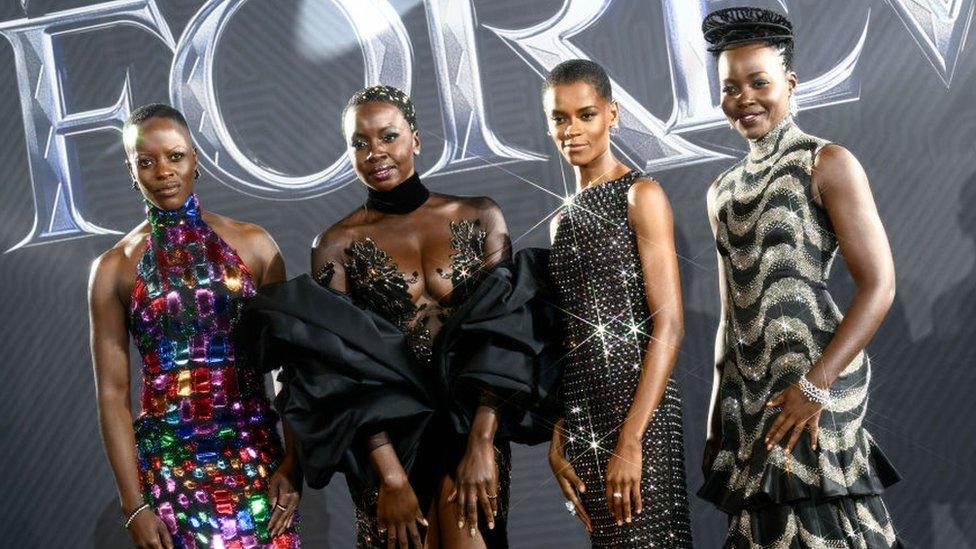 L-R) Florence Kasumba, Danai Gurira, Letitia Wright and Lupita Nyong'o attend the European Premiere of Marvel Studios' "Black Panther: Wakanda Forever" in Leicester Square