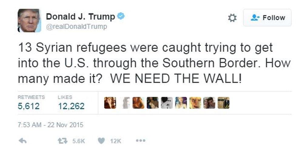 A tweet by Donald Trump calling for a giant wall across the southern US border