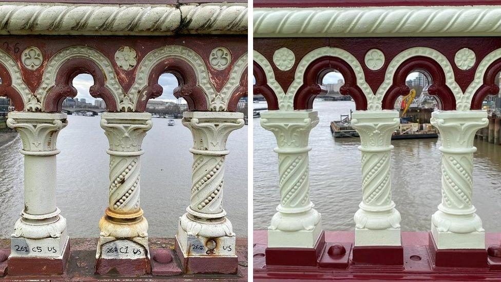 Marked corroded balusters (left) and refurbished balusters (right)