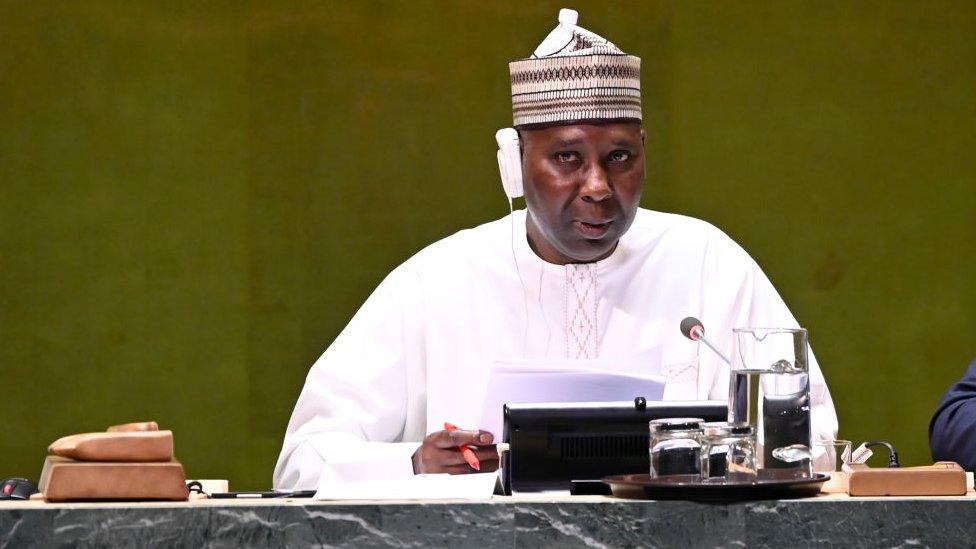 President of the General Assembly, Tijjani Muhammad-Bande speaks in 2019 at UN headquarters