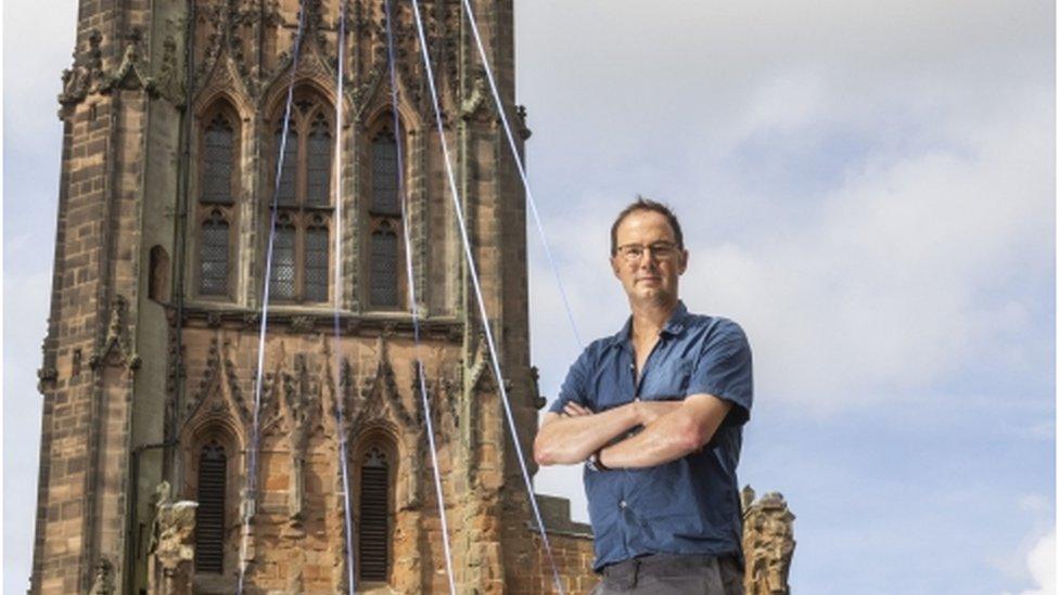 Artist Tom Piper at his Ribbon Installation at Coventry Cathedral as part of Coventry City of Culture"s Faith event, which has been co-created with the Royal Shakespeare Company.